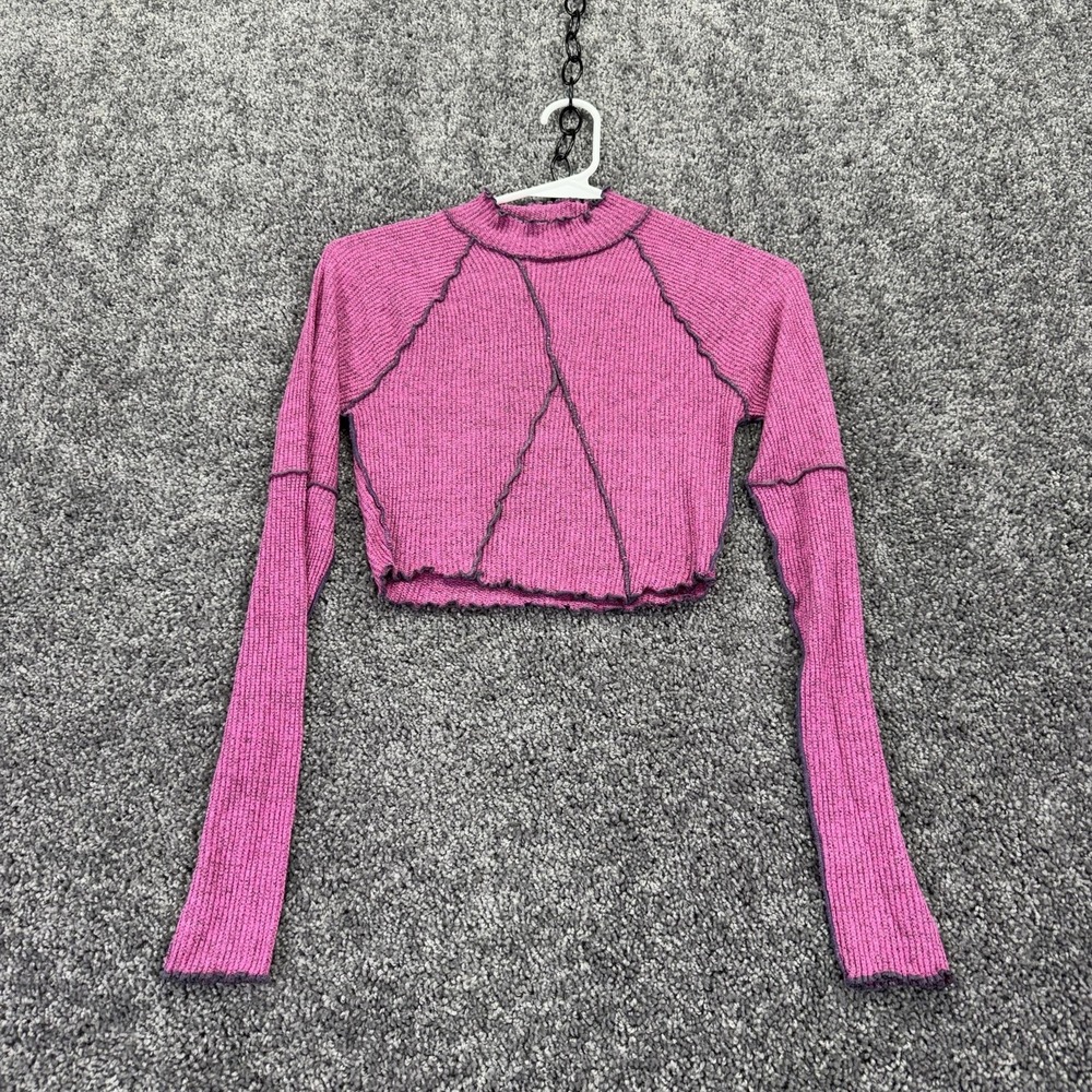 RSQ Sweater Womens Medium Pink Mock Neck Cropped Lettuce Ruffle Hem Knit Top
